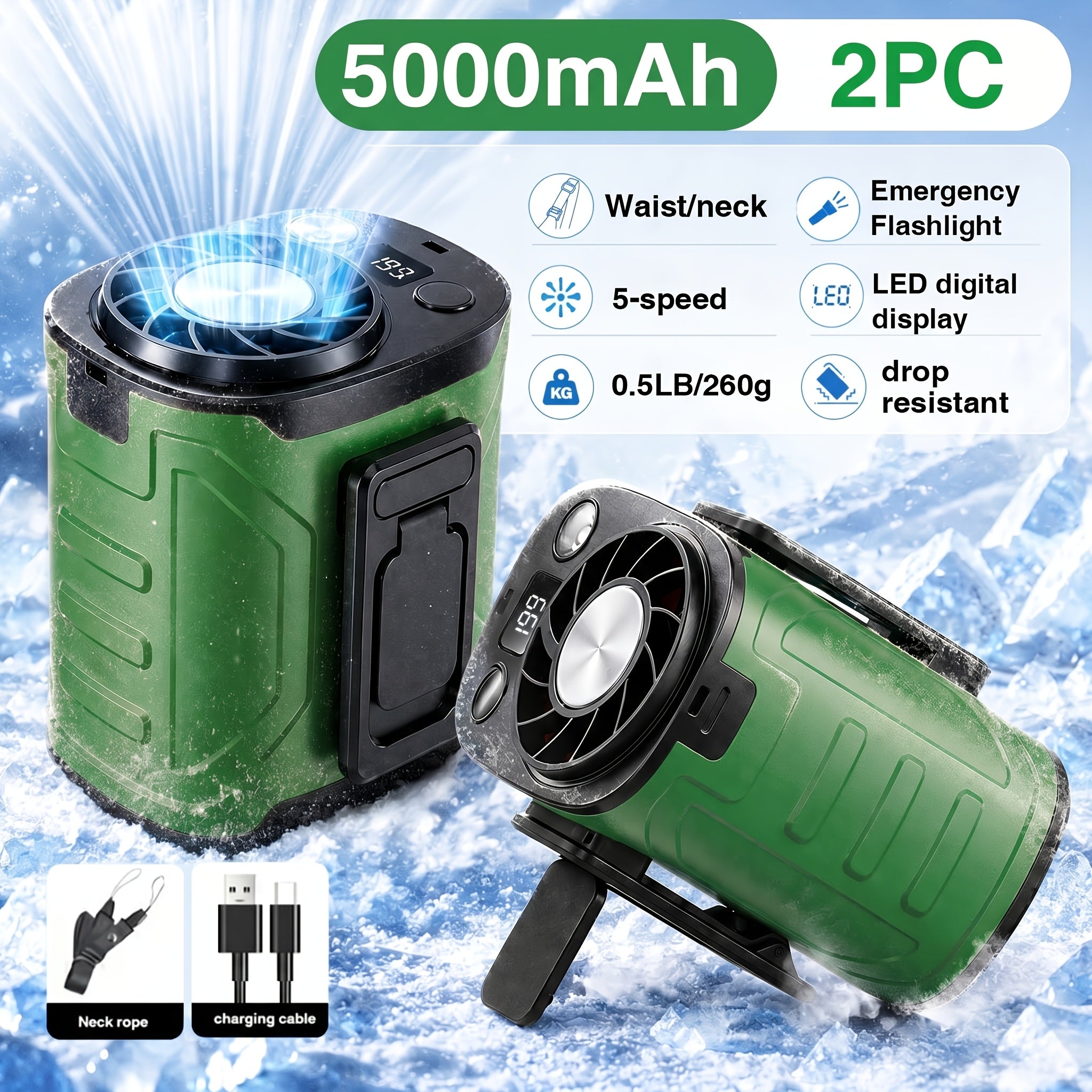 Portable Neck Fan Waist Fan 18000RPM Brushless Motor 199 Speed Settings 5000mAh Battery LED Power Display Outdoor Camping Fishing Hiking Work