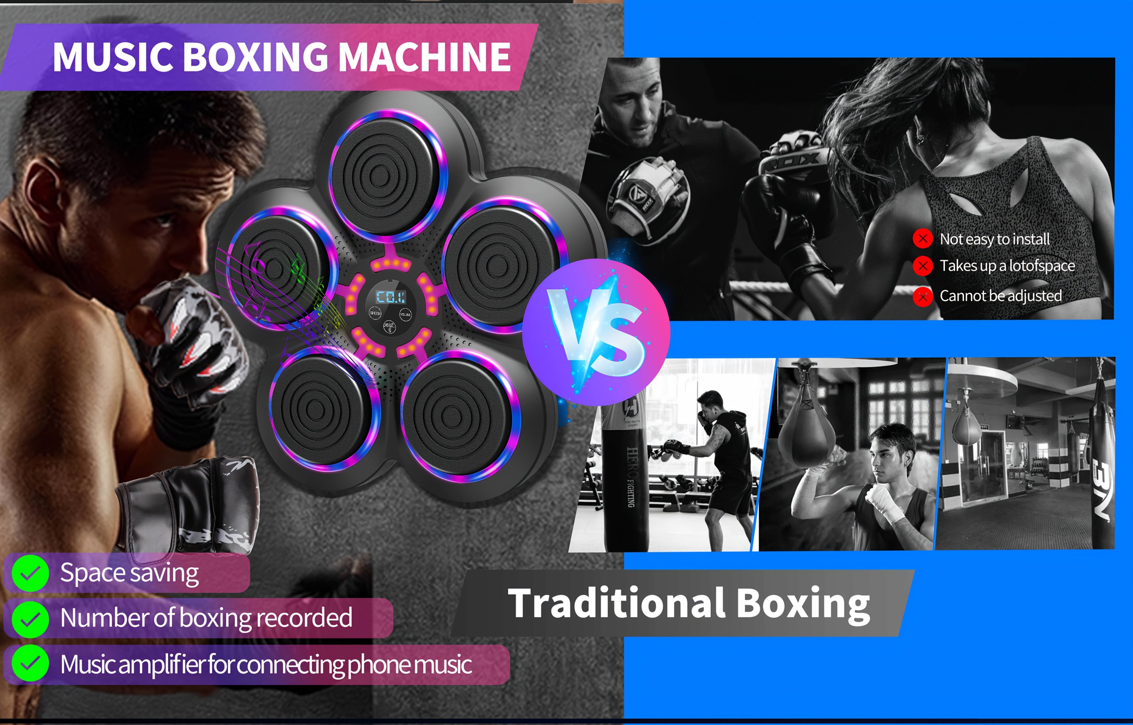 Music Boxing Machine Wall Mounted Smart Electronic Target – USB Rechargeable Wireless Fitness Striking Trainer for Home Gym Adults