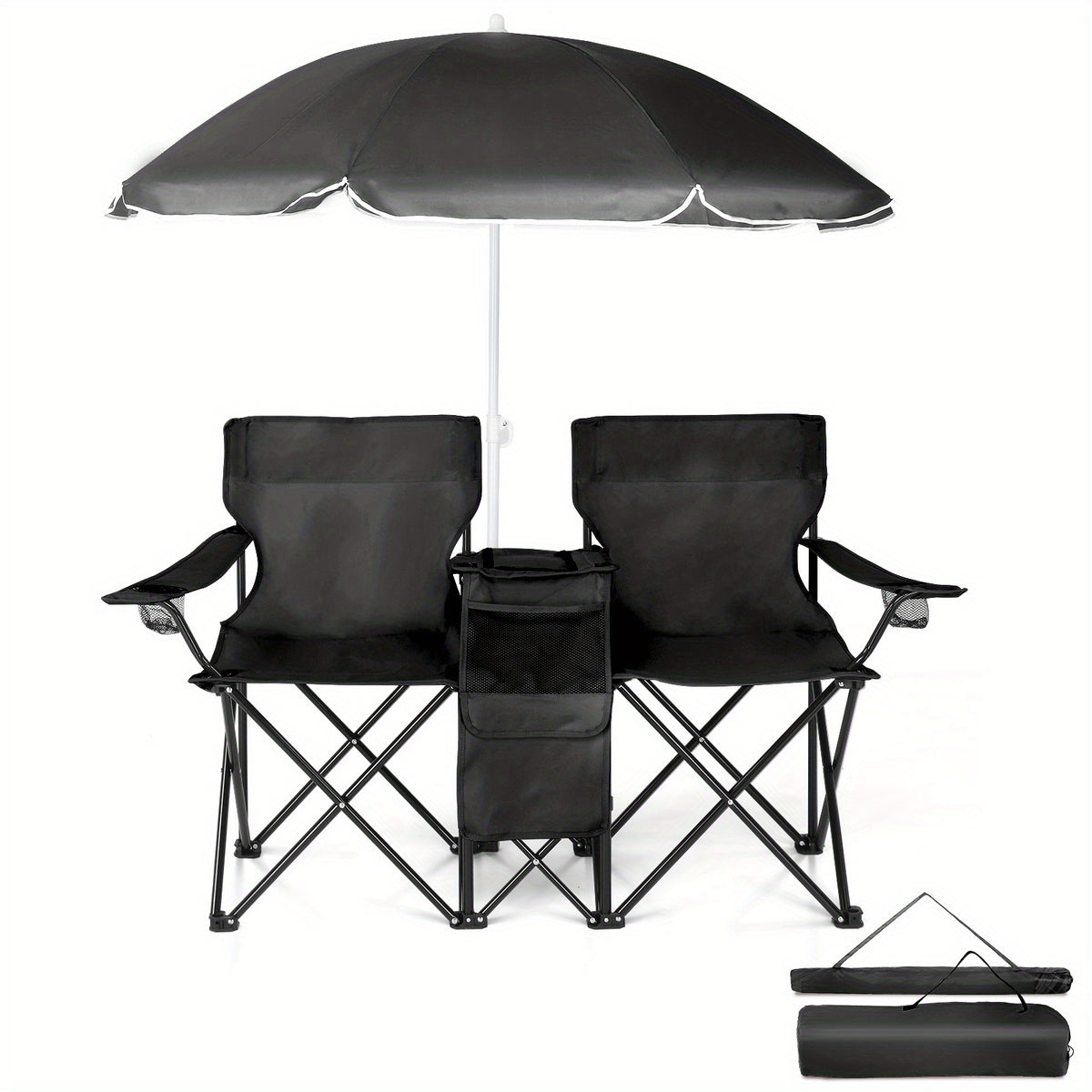 Folding Fishing Chair with Sun Umbrella 2-Seat Portable Outdoor Chair - Iron Alloy Frame Oxford Fabric Beach Patio Camping Chair with Storage Bag - Red Black Grey Blue Coconut Pineapple Pattern