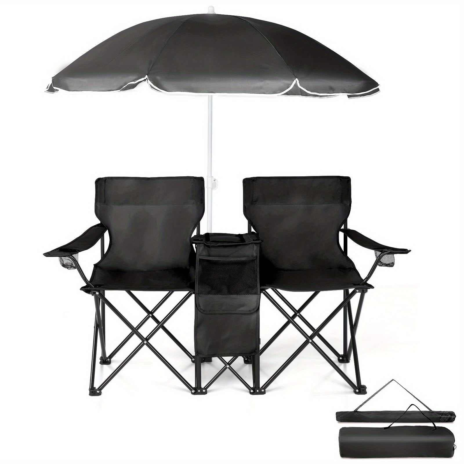 Folding Fishing Chair with Sun Umbrella 2-Seat Portable Outdoor Chair - Iron Alloy Frame Oxford Fabric Beach Patio Camping Chair with Storage Bag - Red Black Grey Blue Coconut Pineapple Pattern