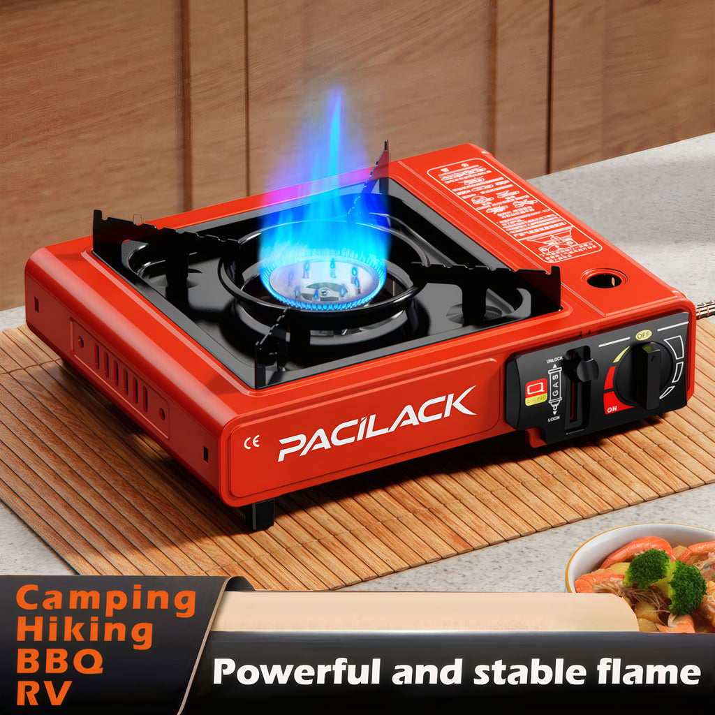 Portable Butane Camping Stove with Windscreen & Carrying Case – Heavy-Duty Ultra-Fast Ignition, Compact Lightweight for Camping, Backpacking, Tailgating & Emergency Survival | Black & Red