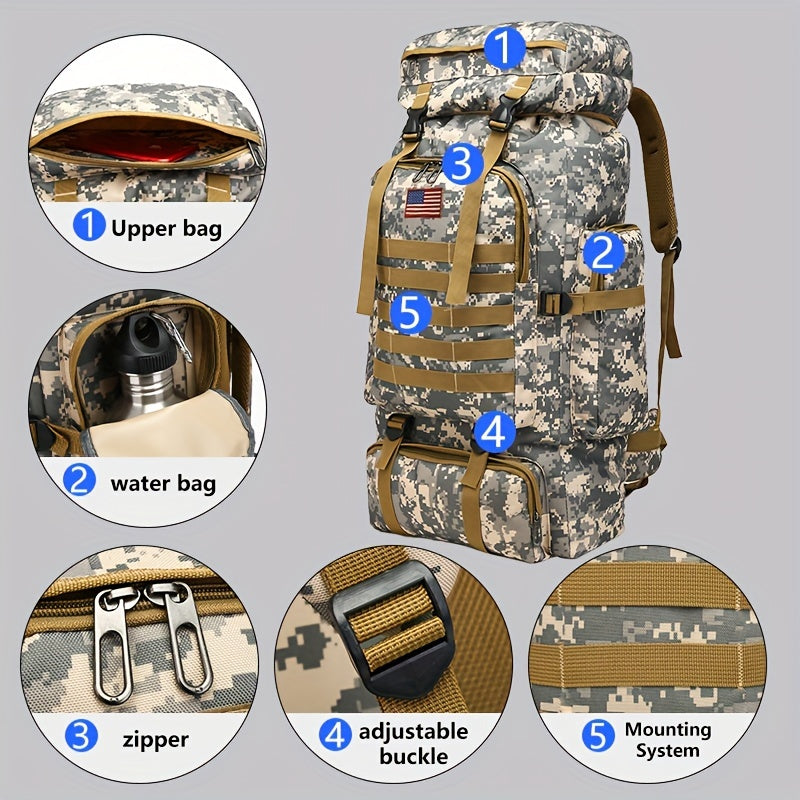 Tactical Hiking Backpack 80L Large Capacity – 3-Day Assault Pack, Molle System, Oxford Fabric, Unisex for Hiking, Camping, Hunting & Travel | Black, Camo, Desert, Gray, Khaki, Green