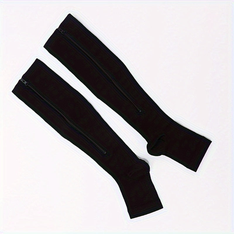 Women's Open Toe Compression Socks 2-Pair - Zippered Toe, Leg Shaping Support, Breathable Polyester Knit Calf & Long Tube Socks for Gym, Work & Travel, S/M & XXL