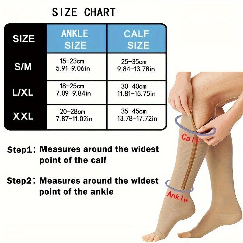Women's Open Toe Compression Socks 2-Pair - Zippered Toe, Leg Shaping Support, Breathable Polyester Knit Calf & Long Tube Socks for Gym, Work & Travel, S/M & XXL