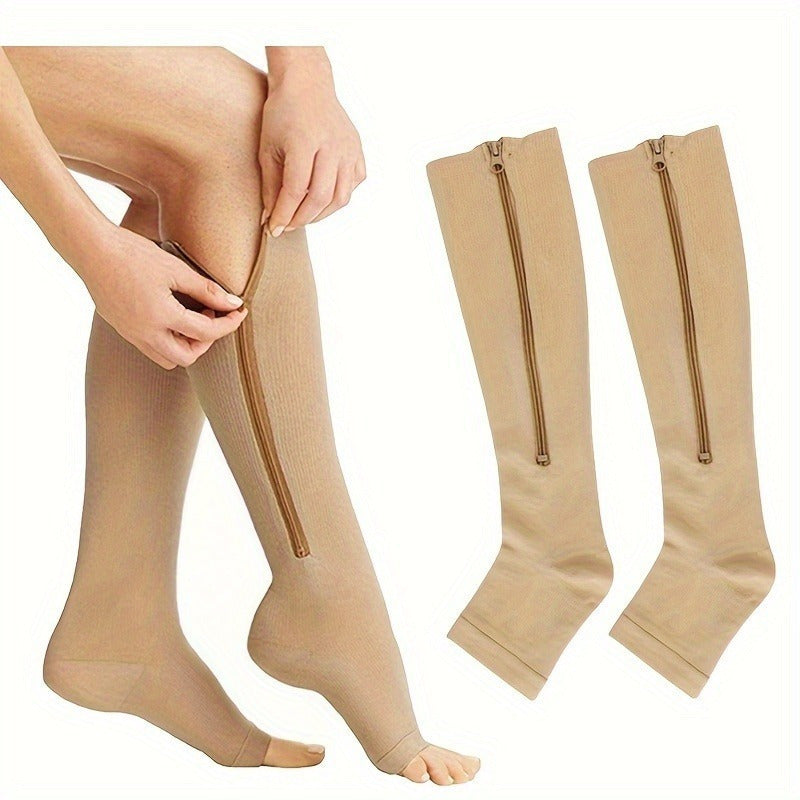 Women's Open Toe Compression Socks 2-Pair - Zippered Toe, Leg Shaping Support, Breathable Polyester Knit Calf & Long Tube Socks for Gym, Work & Travel, S/M & XXL