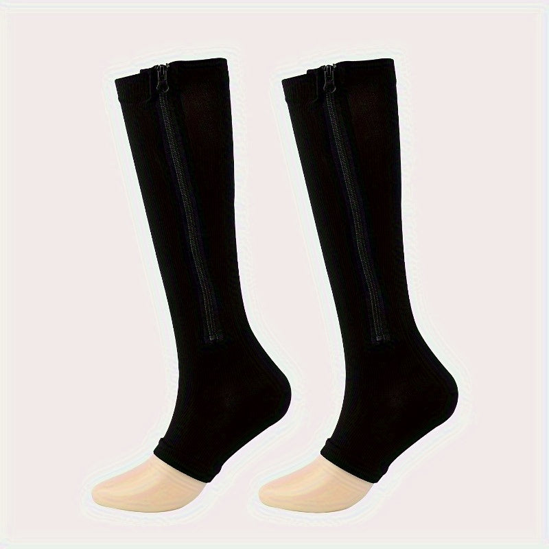 Women's Open Toe Compression Socks 2-Pair - Zippered Toe, Leg Shaping Support, Breathable Polyester Knit Calf & Long Tube Socks for Gym, Work & Travel, S/M & XXL