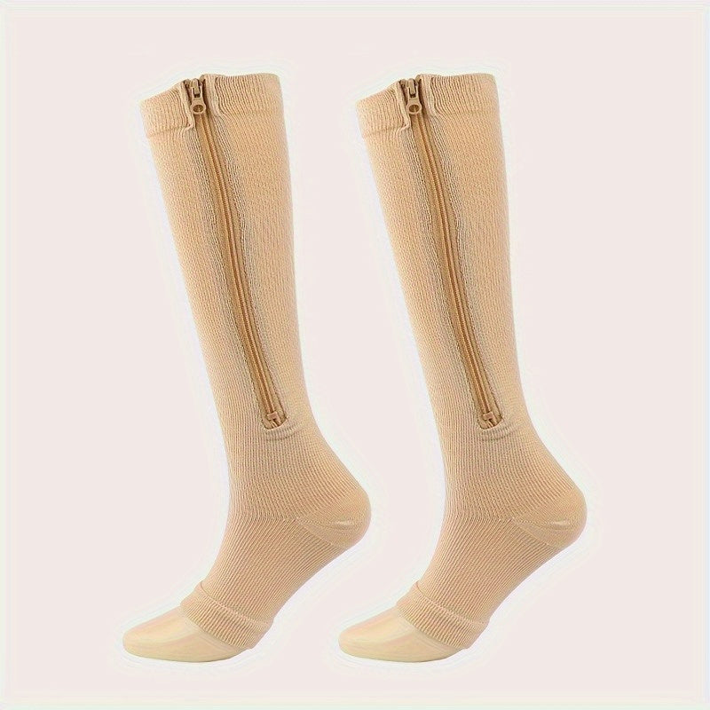Women's Open Toe Compression Socks 2-Pair - Zippered Toe, Leg Shaping Support, Breathable Polyester Knit Calf & Long Tube Socks for Gym, Work & Travel, S/M & XXL