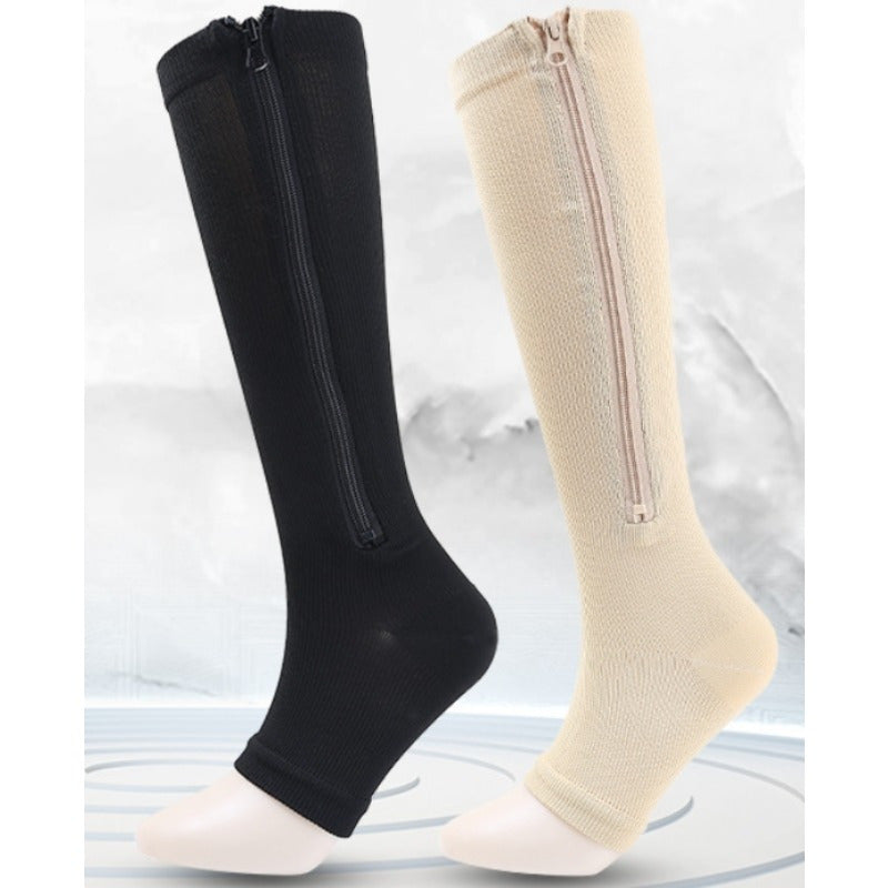 Women's Open Toe Compression Socks 2-Pair - Zippered Toe, Leg Shaping Support, Breathable Polyester Knit Calf & Long Tube Socks for Gym, Work & Travel, S/M & XXL