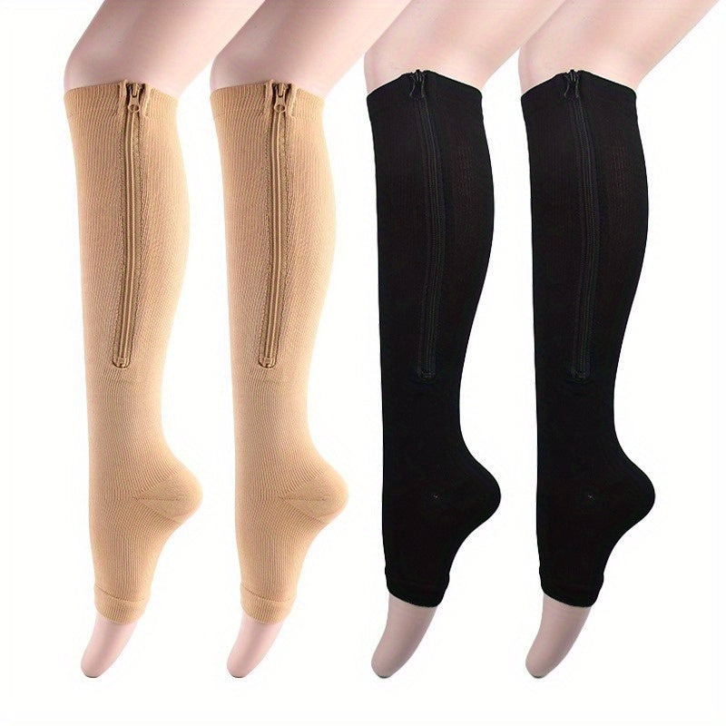 Women's Open Toe Compression Socks 2-Pair - Zippered Toe, Leg Shaping Support, Breathable Polyester Knit Calf & Long Tube Socks for Gym, Work & Travel, S/M & XXL