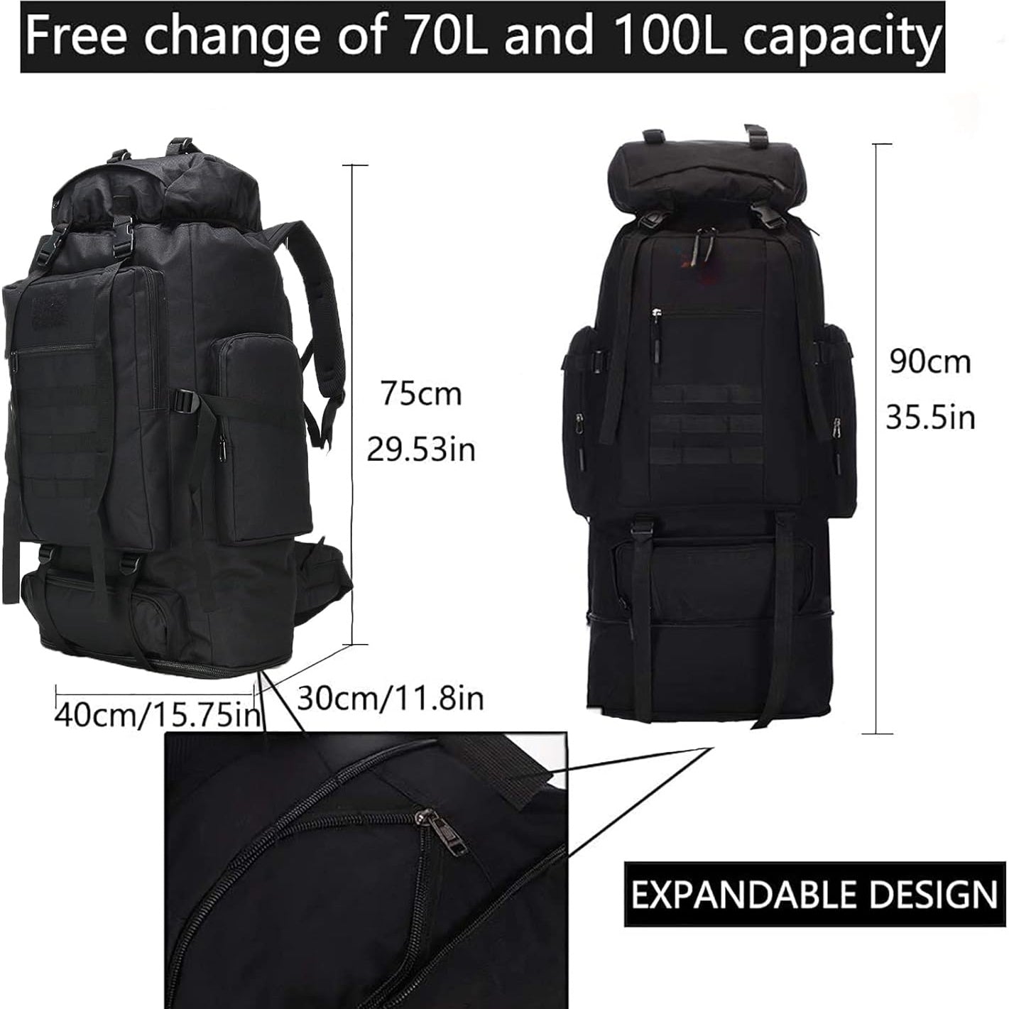 Large Capacity Hiking Camping Mountaineering Backpack 100L Expandable Outdoor Travel Pack Jungle Camo Black