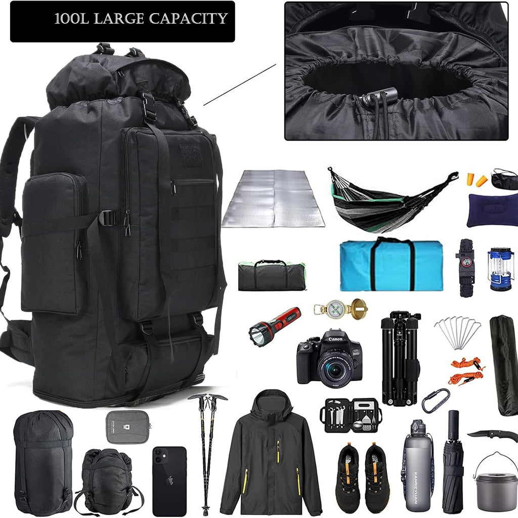 Large Capacity Hiking Camping Mountaineering Backpack 100L Expandable Outdoor Travel Pack Jungle Camo Black