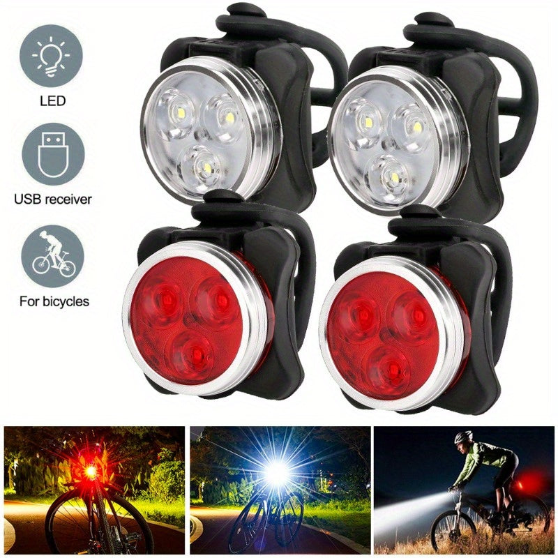 Bike Lights Set 4pcs Front and Rear LED Bicycle Safety Lights USB Rechargeable 4 Modes Night Riding Warning Light Cycling Accessories
