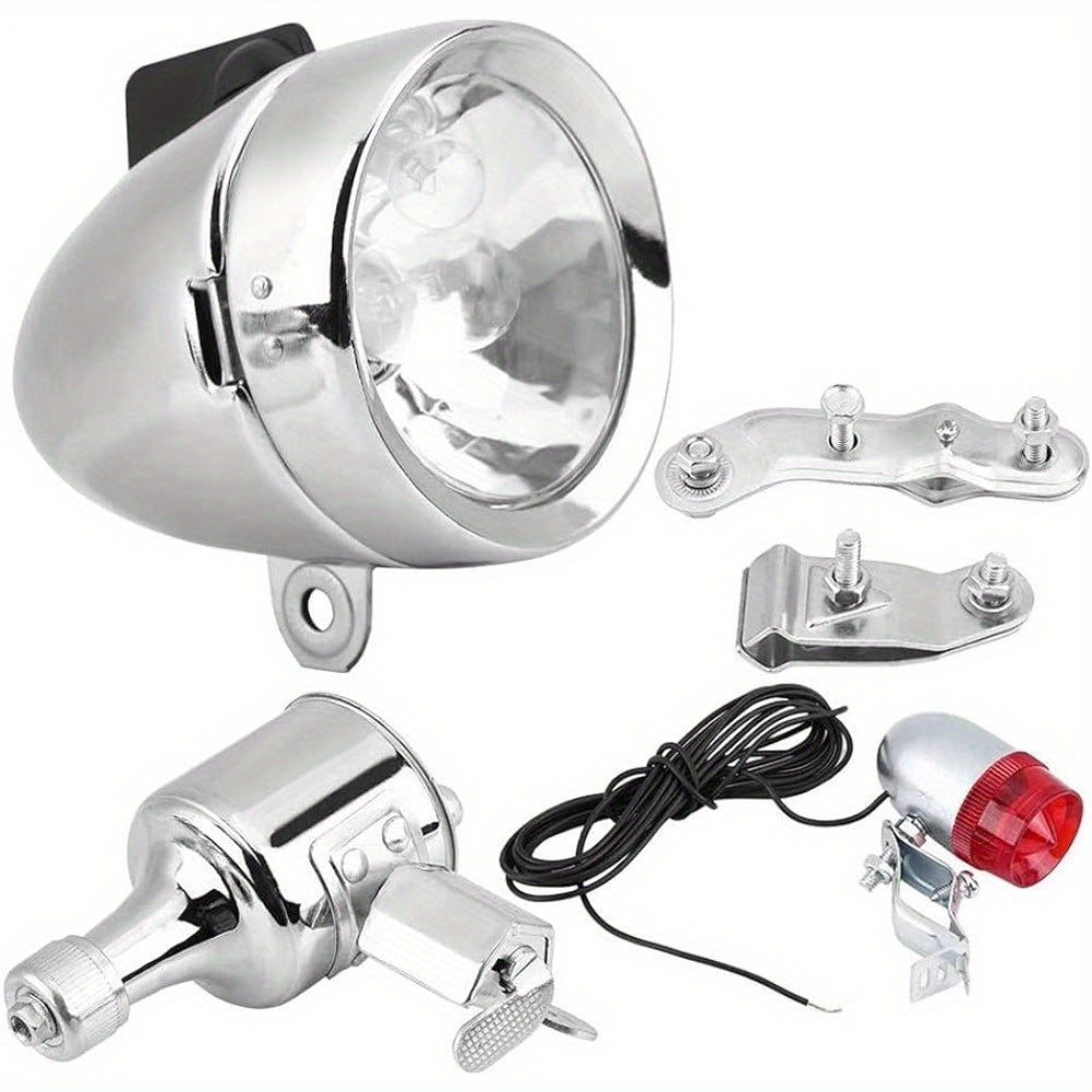 Bicycle Dynamo Headlight Tail Light Kit 12V 6W Friction Generator No Battery Bike Light Set for Mountain Road BMX Folding Electric Kids Cruiser Bikes – Silver