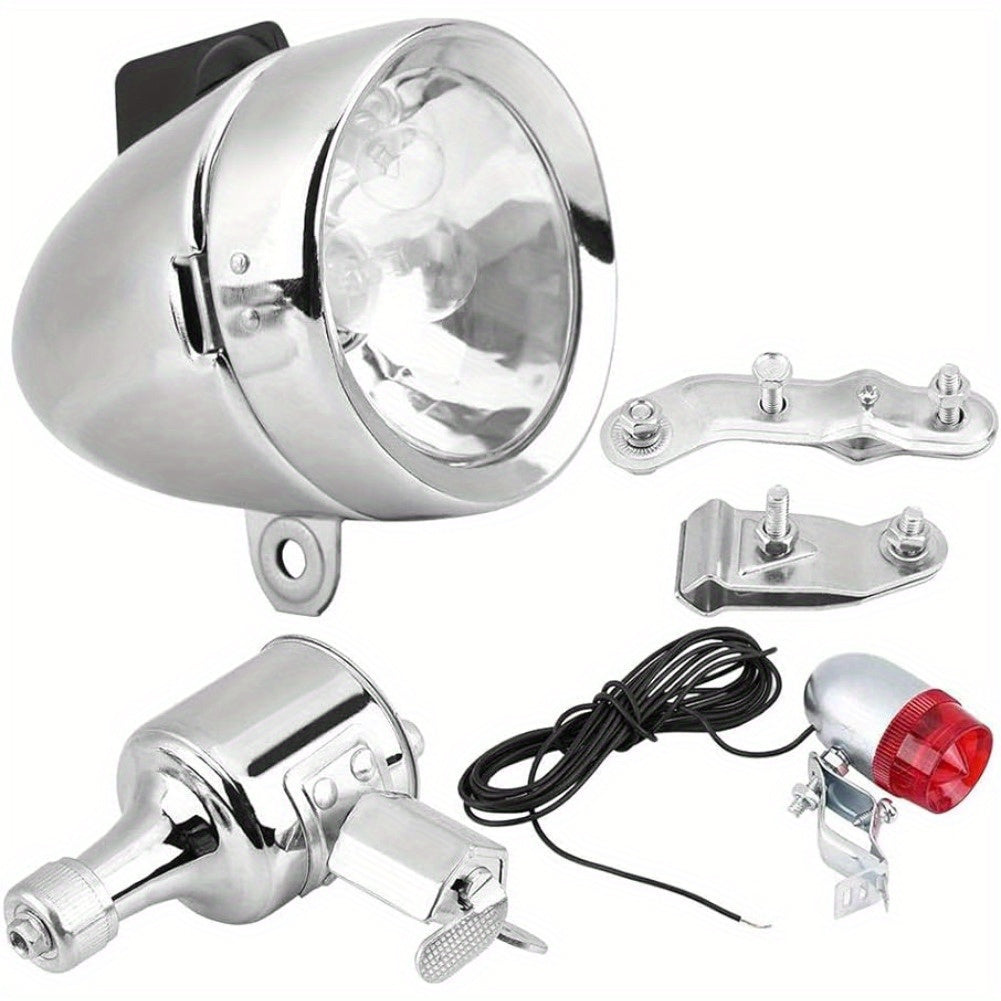Bicycle Dynamo Headlight Tail Light Kit 12V 6W Friction Generator No Battery Bike Light Set for Mountain Road BMX Folding Electric Kids Cruiser Bikes – Silver