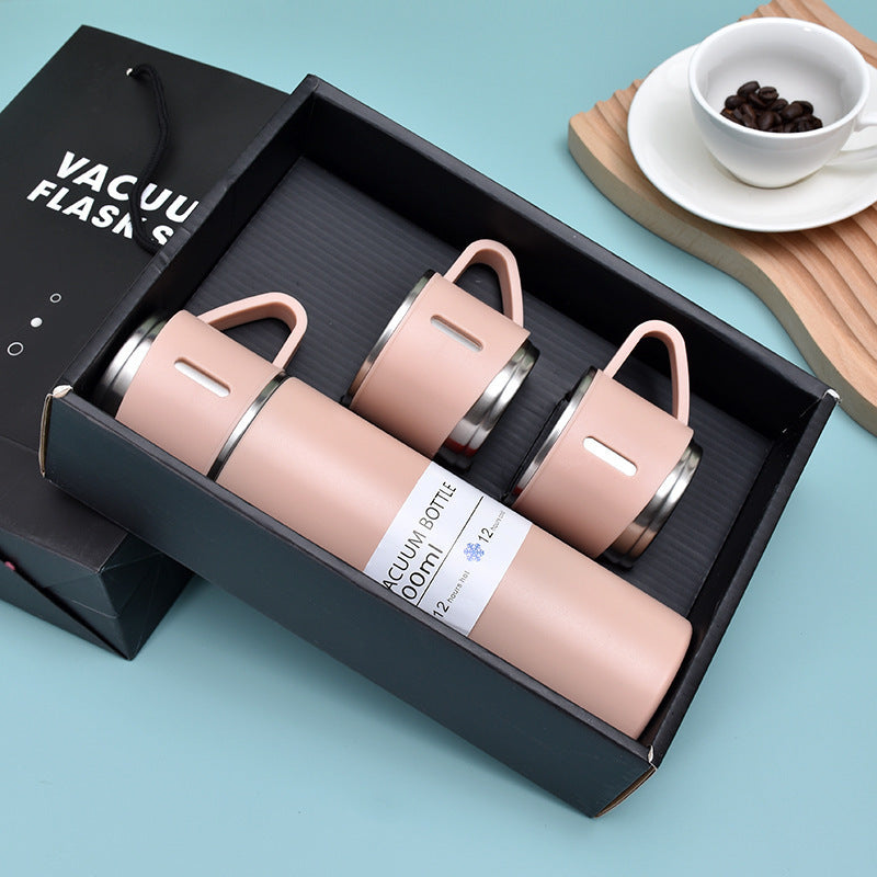 Stainless Steel Water Bottle & Cups Gift Set 4pcs - 1L Bottle + 3 Small Cups, Triple Lids for Hot & Cold Drinks, 304 Food-Grade Steel for Camping, Office & Travel (5 Colors)
