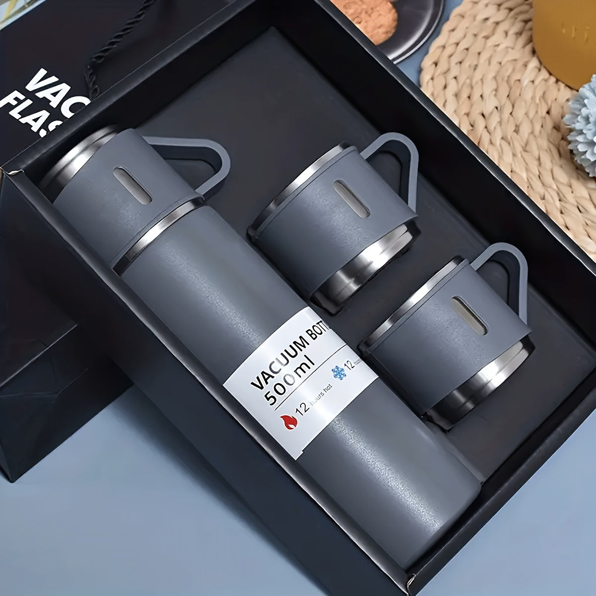 Stainless Steel Cup Set 4 Piece – 500ml Insulated Water Bottle with 3 Small Cups & 3 Lids Hot Cold Drinks Travel Tumbler Gift Set for Office School Outdoor