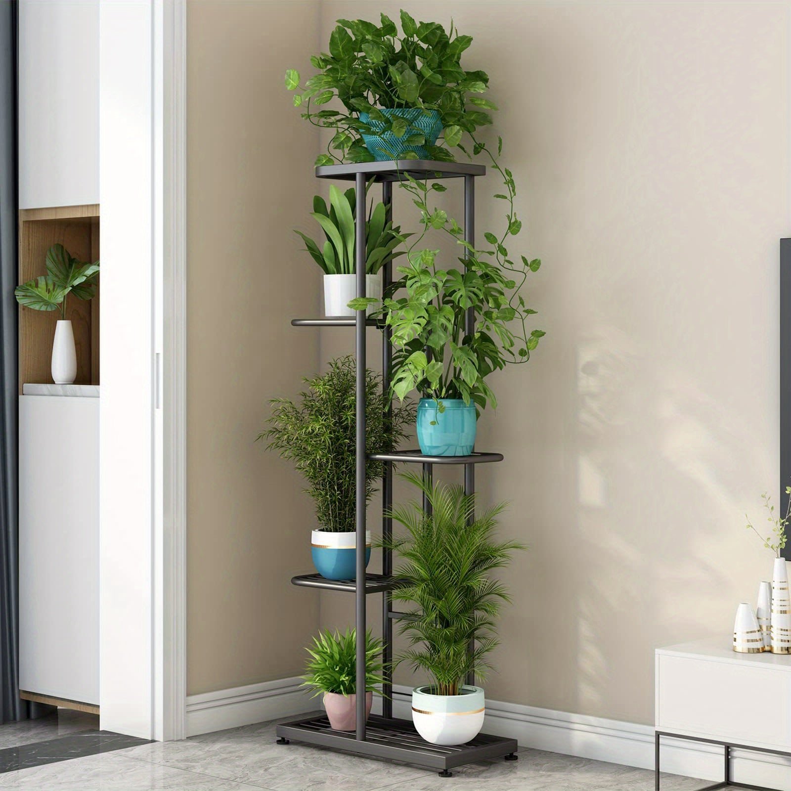 Metal Plant Stand Multi-Tier Indoor Outdoor – 5, 6 or 7 Pot Flower Rack for Living Room, Balcony & Corner Display, Anti-Rust Finish, Dark Grey Bronze Green White