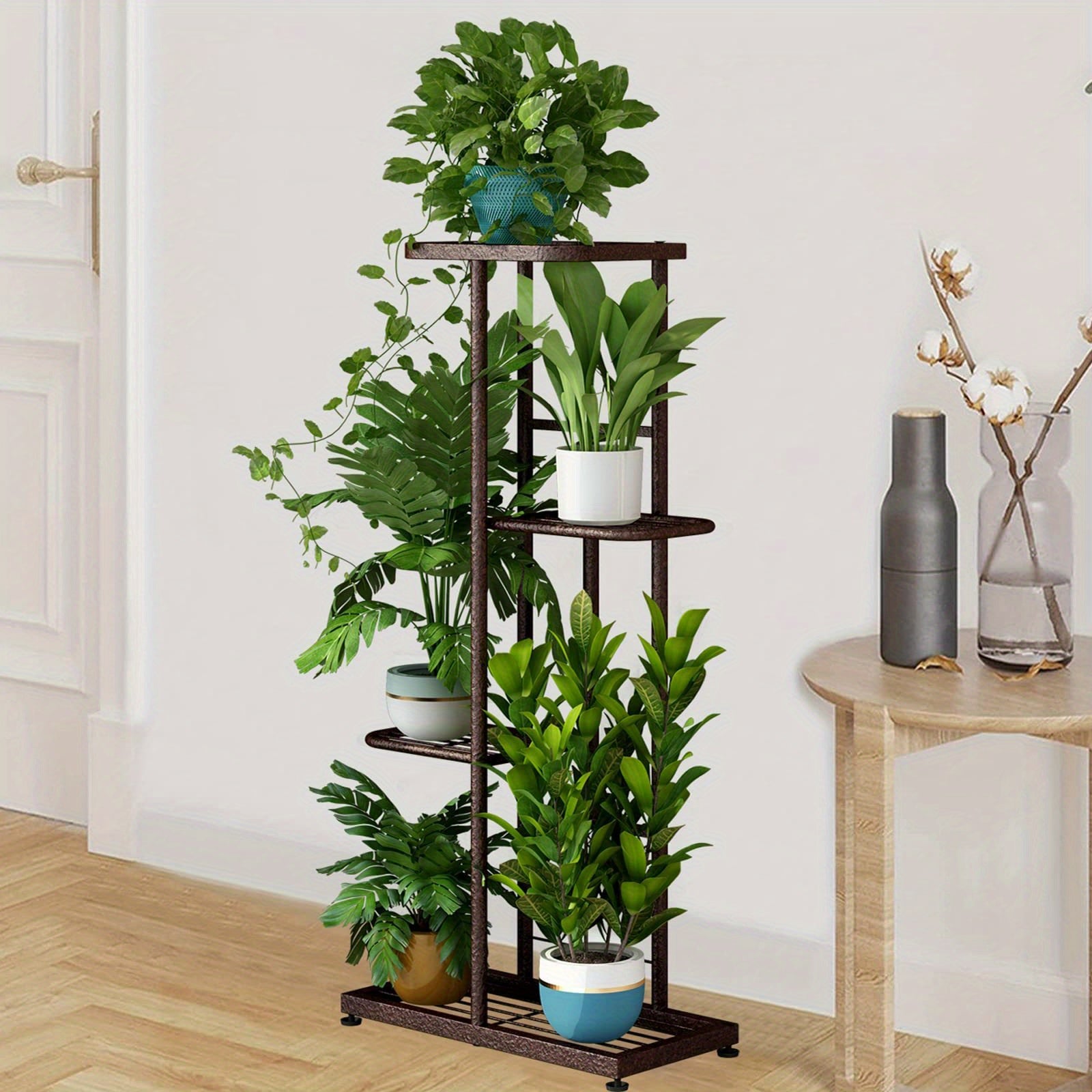 Metal Plant Stand Multi-Tier Indoor Outdoor – 5, 6 or 7 Pot Flower Rack for Living Room, Balcony & Corner Display, Anti-Rust Finish, Dark Grey Bronze Green White