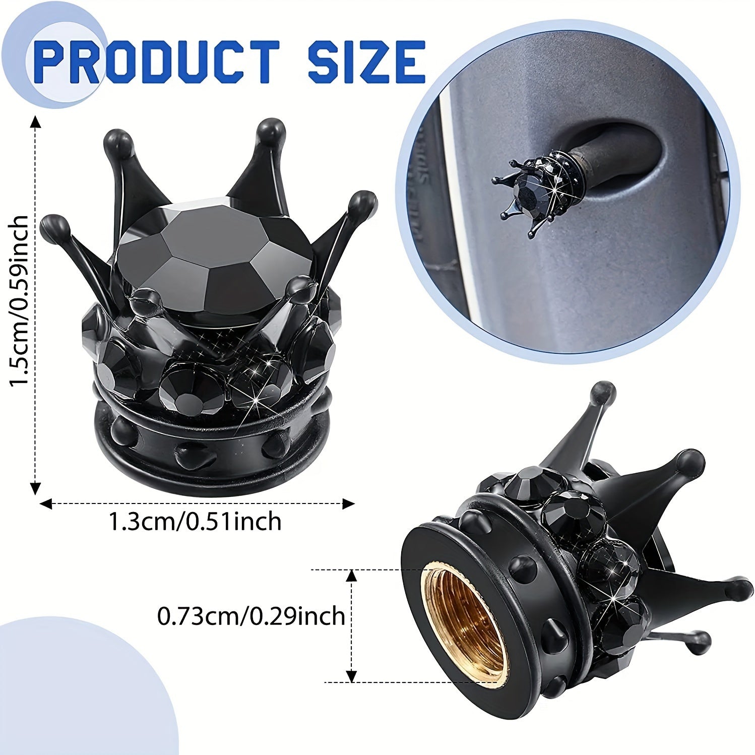 Crown Tire Valve Stem Caps 8 Pack Sparkling Artificial Diamond Bling for Cars Bicycles Motorcycles Universal Fit Black