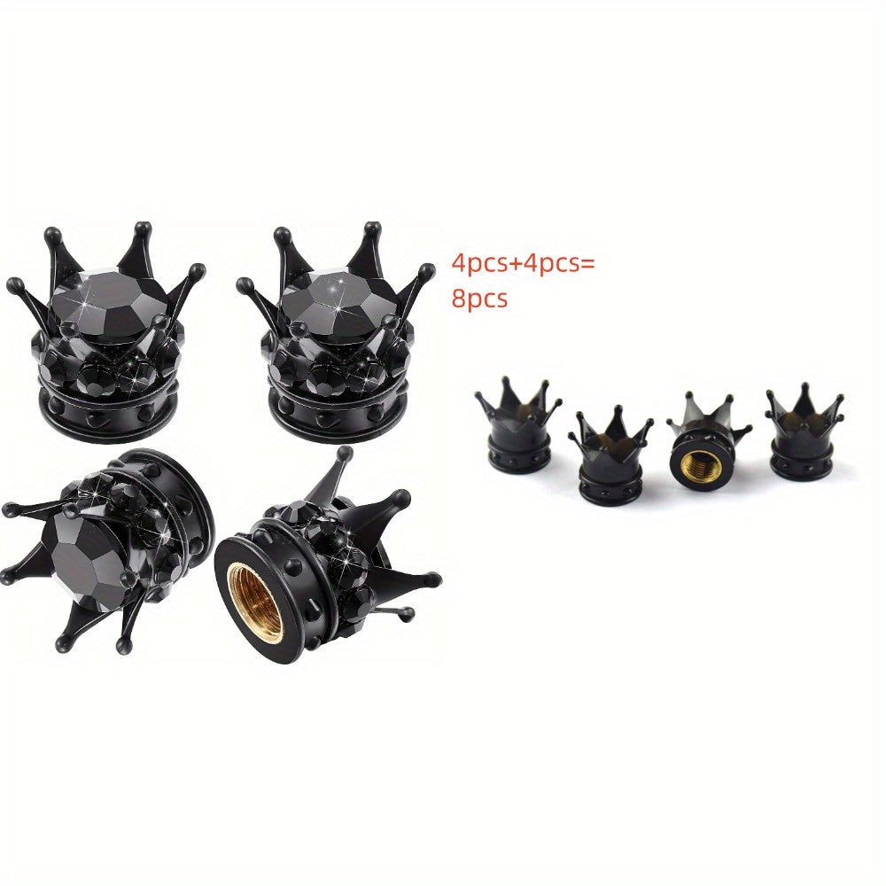 Crown Tire Valve Stem Caps 8 Pack Sparkling Artificial Diamond Bling for Cars Bicycles Motorcycles Universal Fit Black