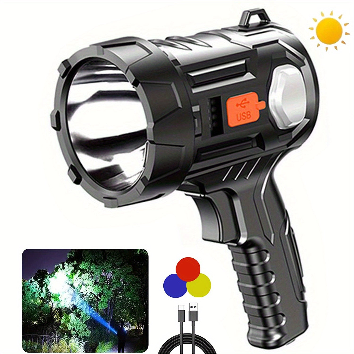 2000 Lumen Rechargeable Spotlight Flashlight – 6 Modes 3 Color Filters 200M Range Searchlight Handheld Torch for Boating Hunting Camping Home Lighting, USB Rechargeable