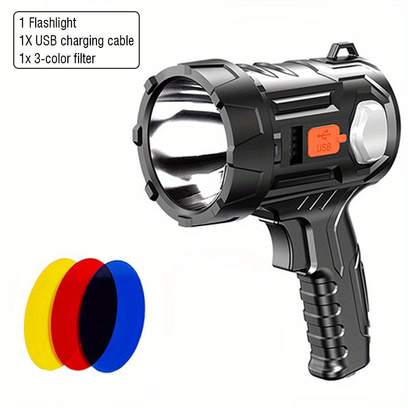 2000 Lumen Rechargeable Spotlight Flashlight – 6 Modes 3 Color Filters 200M Range Searchlight Handheld Torch for Boating Hunting Camping Home Lighting, USB Rechargeable