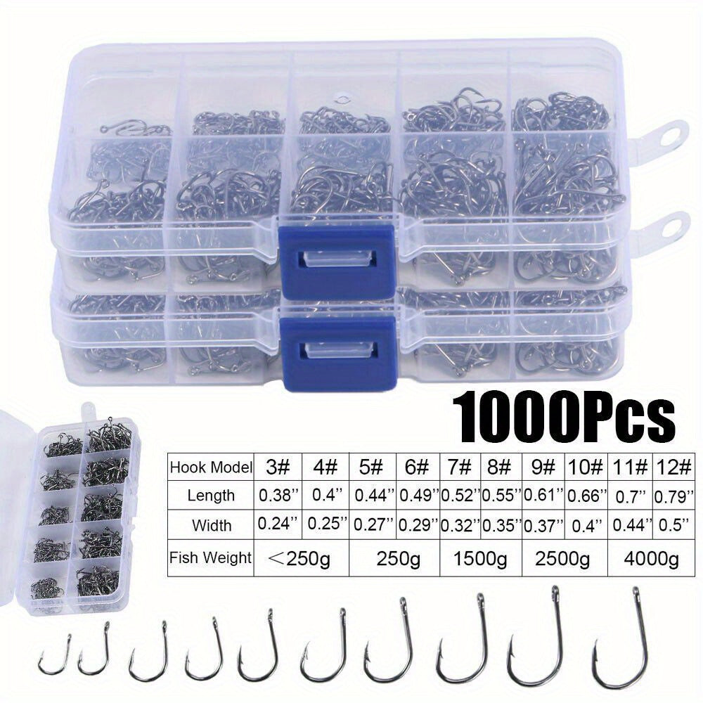 1000-Piece Assorted Fish Hooks Set 10 Sizes Black Silver Sharpened with Tackle Box – Sabiki Hooks for Freshwater & Saltwater Sea Fishing – Sizes #3–#12 – Angler Gift for Dad Husband Men