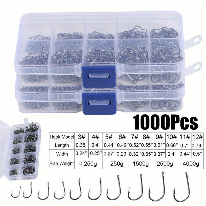 1000-Piece Assorted Fish Hooks Set 10 Sizes Black Silver Sharpened with Tackle Box – Sabiki Hooks for Freshwater & Saltwater Sea Fishing – Sizes #3–#12 – Angler Gift for Dad Husband Men
