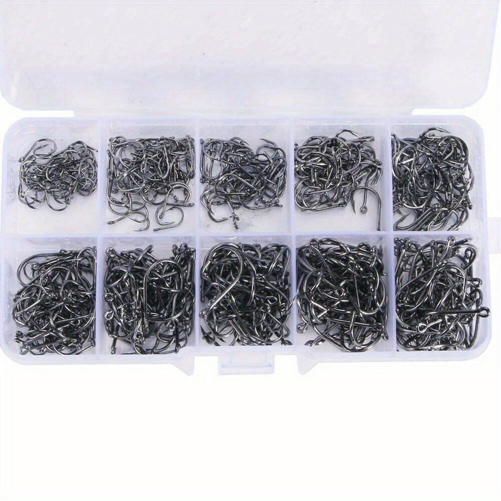 1000-Piece Assorted Fish Hooks Set 10 Sizes Black Silver Sharpened with Tackle Box – Sabiki Hooks for Freshwater & Saltwater Sea Fishing – Sizes #3–#12 – Angler Gift for Dad Husband Men