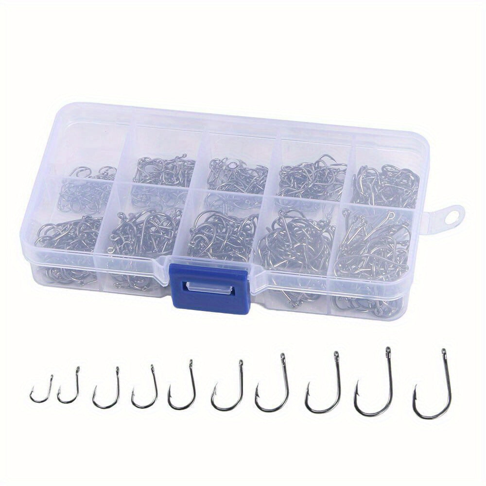 1000-Piece Assorted Fish Hooks Set 10 Sizes Black Silver Sharpened with Tackle Box – Sabiki Hooks for Freshwater & Saltwater Sea Fishing – Sizes #3–#12 – Angler Gift for Dad Husband Men