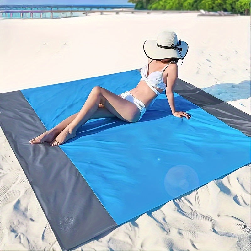 Sandproof Beach Blanket Foldable Mat with 4 Corner Stakes – Lightweight Portable Outdoor Blanket for Beach, Camping, Hiking, Travel & Picnic