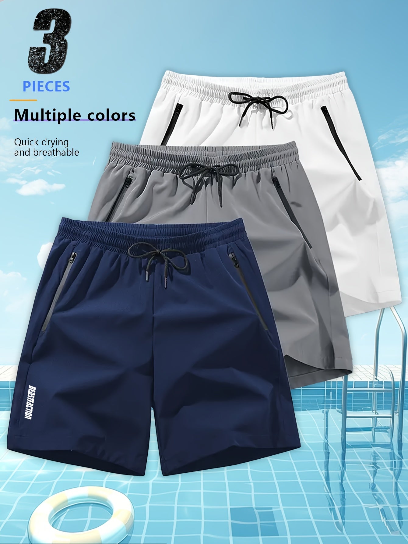 Men's Athletic Shorts 3-Pack with Zippered Pockets – Lightweight Polyester Gym Shorts, Elastic Drawstring Waist for Summer Fitness, Sports, Beach & Casual Outdoor Wear