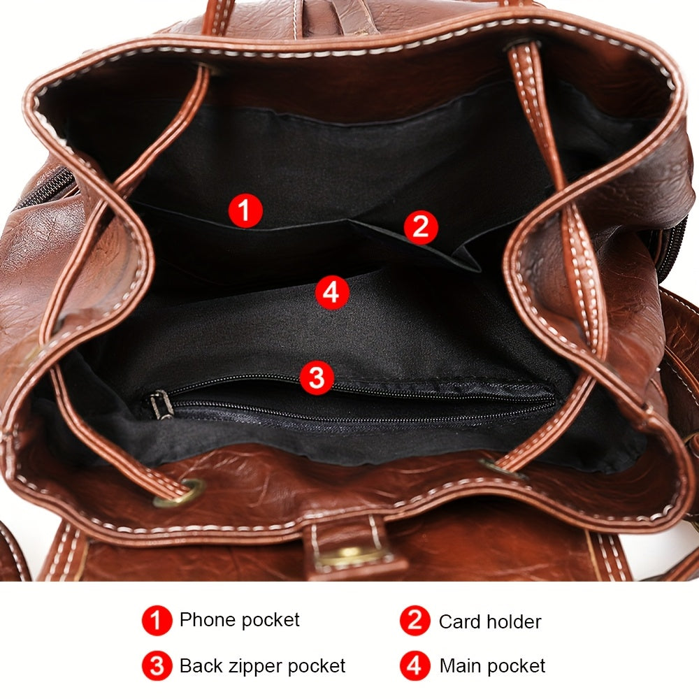 Vintage PU Leather Backpack for Women Men Water Resistant Geometric Pattern Rucksack Convertible Shoulder Bag Satchel with Zipper Multi-Pocket for School Travel Daily Use