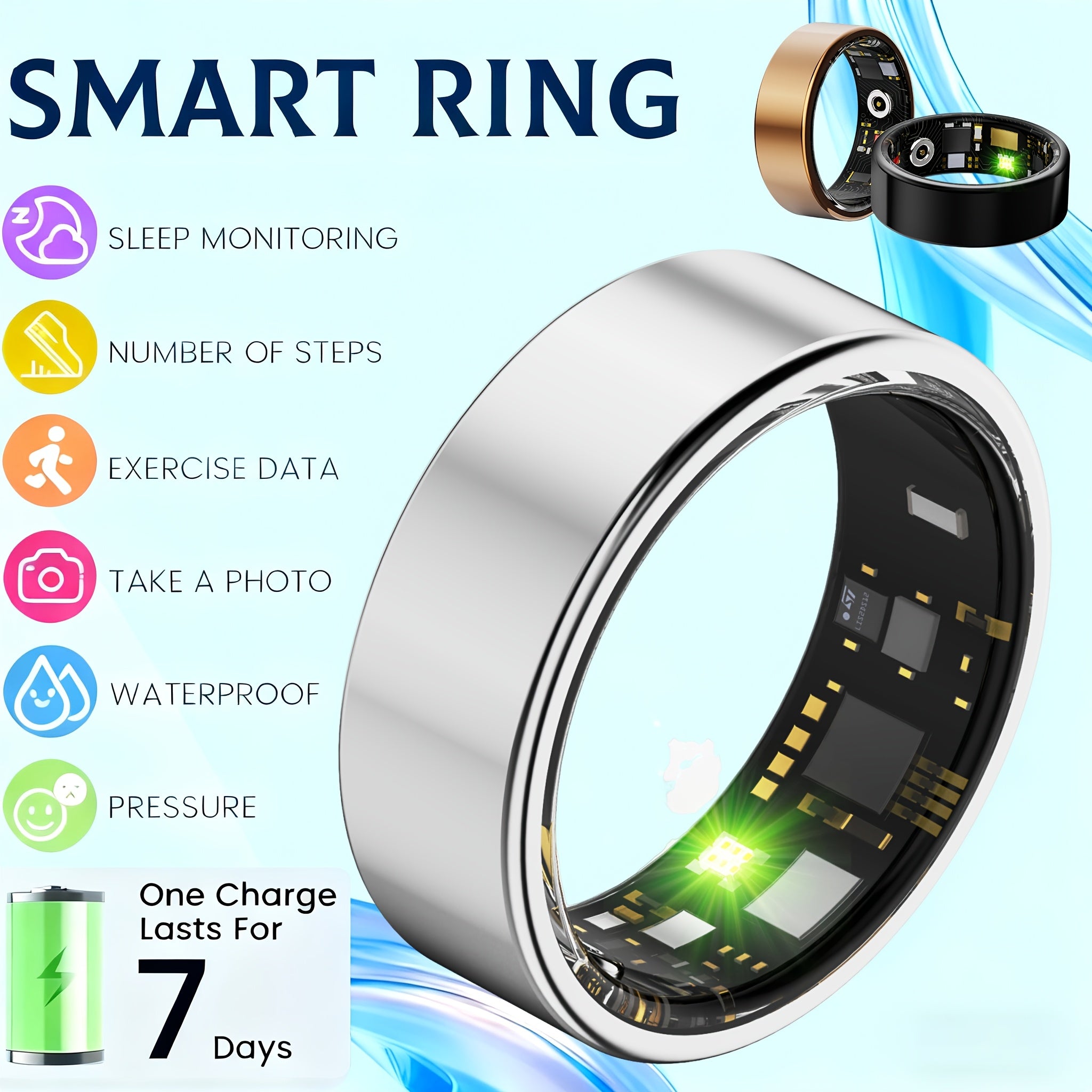 Smart Ring Fitness Tracker - Bluetooth 5.3 Health Monitoring Ring with 100+ Sports Modes, HRV Heart Rate, Stress Monitor, Body Temperature, IP68 Waterproof, iPhone & Android Compatible, Sizes 7-13