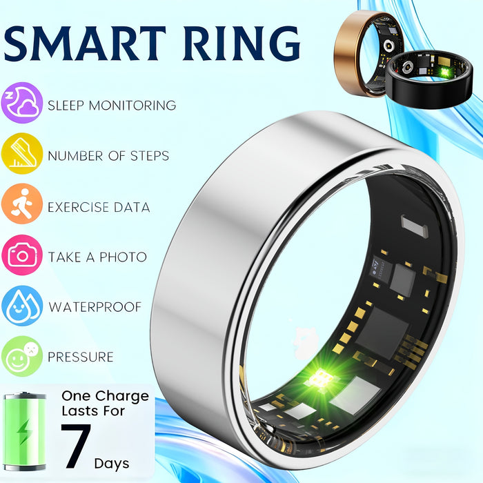 Smart Ring Fitness Tracker - Bluetooth 5.3 Health Monitoring Ring with 100+ Sports Modes, HRV Heart Rate, Stress Monitor, Body Temperature, IP68 Waterproof, iPhone & Android Compatible, Sizes 7-13