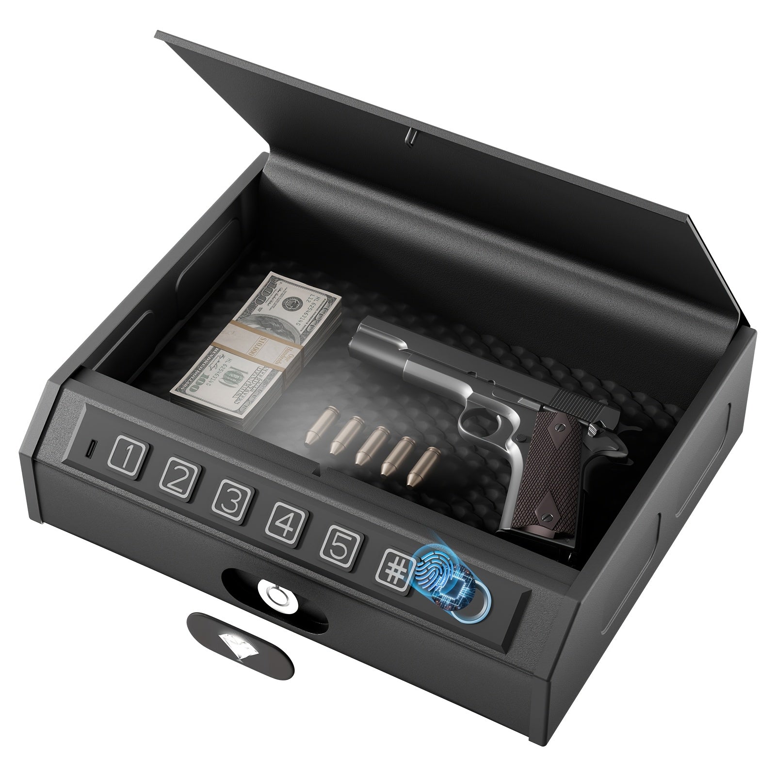 Biometric Gun Safe 3-Way Unlock – Fingerprint Digital PIN & Key Pistol Lock Box with Internal Light Silent Mode Emergency Power for Home Bedroom Nightstand Car