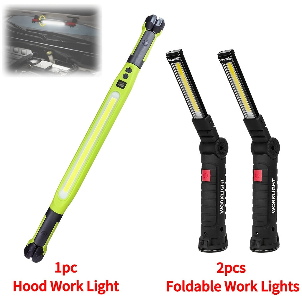 COB LED Rechargeable Work Light with Magnetic Base Multi-Pack - Portable Hanging Flashlight for Camping Garage Yard Emergency - Solar Front Mini Work Light Combo Sets