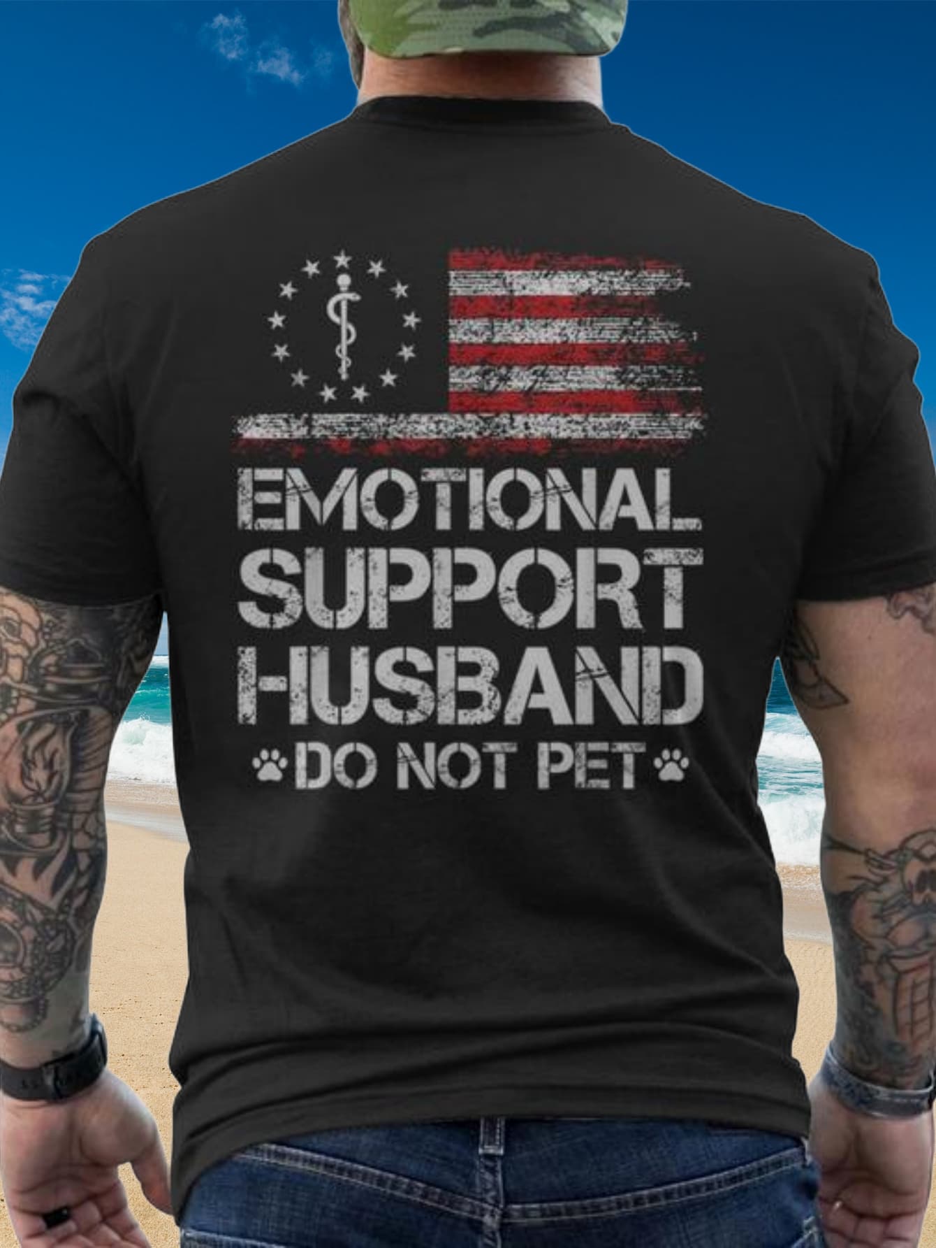 Men's Retro American Flag T-Shirt Emotional Support Husband Funny Back Print Patriotic Casual Tee Gift for Husband S-XXL