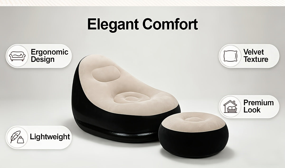 Inflatable Sofa with Footstool 2-Piece Set Heavy Duty Plush Fabric Portable Air Couch with Pump – Indoor Outdoor Camping Beach Backyard Lounge