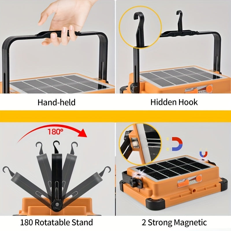 Solar LED Work Light 2000 Lumens Magnetic Hook Adjustable Brightness Solar USB Dual Charging Rechargeable Searchlight Spotlight for Camping Hiking Outdoor Garage Emergency