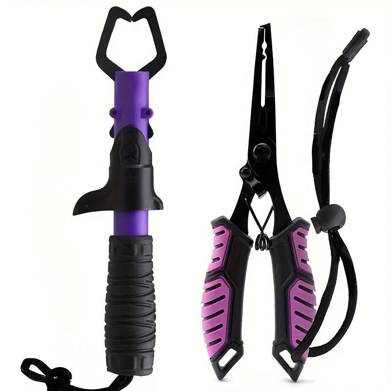 Fishing Pliers & Fish Gripper Combo Set – Stainless Steel Hook Remover, Line Cutter, Spring-Loaded TPR Handle, Saltwater & Freshwater Fishing Tools