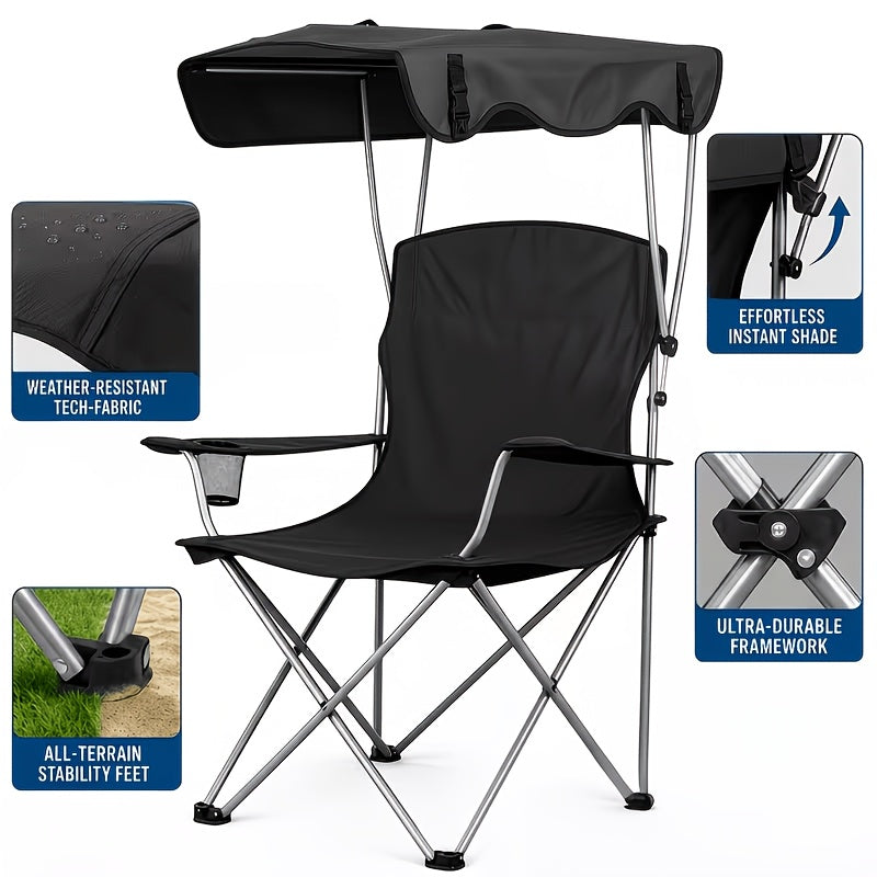 Foldable Camping Chair with Rotating Canopy & Cup Holder – 600D Oxford Cloth Outdoor Chair with Carry Bag for Beach, Picnic, Fishing, Sports Events & Backyard