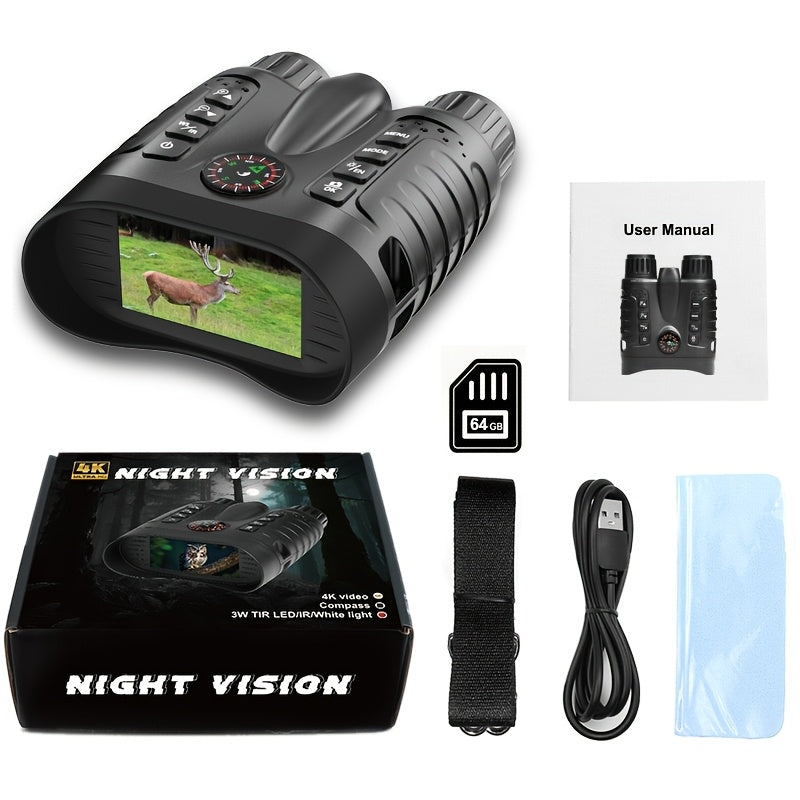4K Night Vision Goggles for Adults – 64GB Memory Card, 3.2" Screen, 8X Digital Zoom for Hunting, Camping, Security & Outdoor Night Vision Binoculars