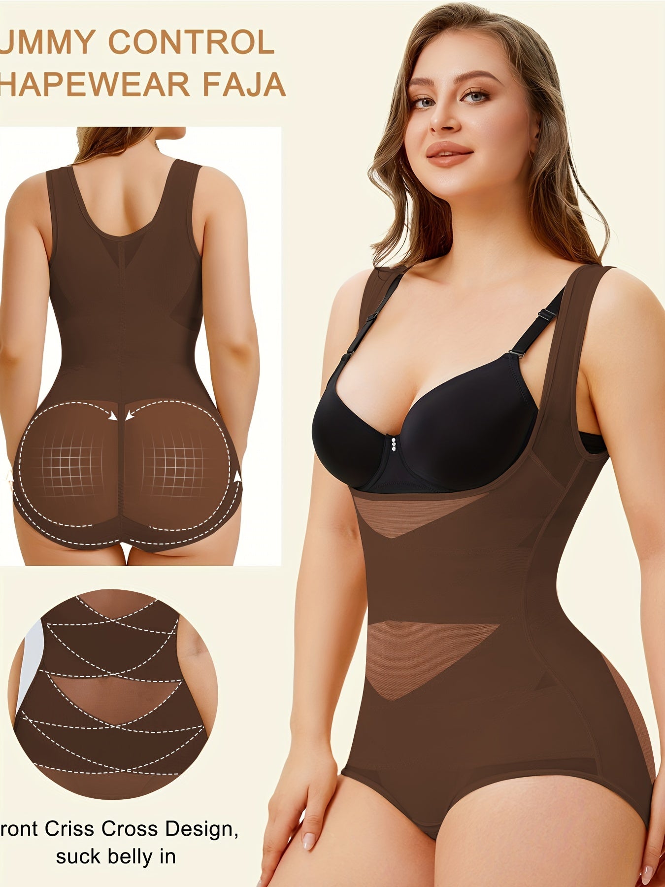 Women's Shapewear Bodysuit with Tummy Control – High-Waist Butt Lifter, U-Shape Push Up, Wide Straps, Breathable Nylon Body Shaper, 5 Colors, Sizes S-XXL
