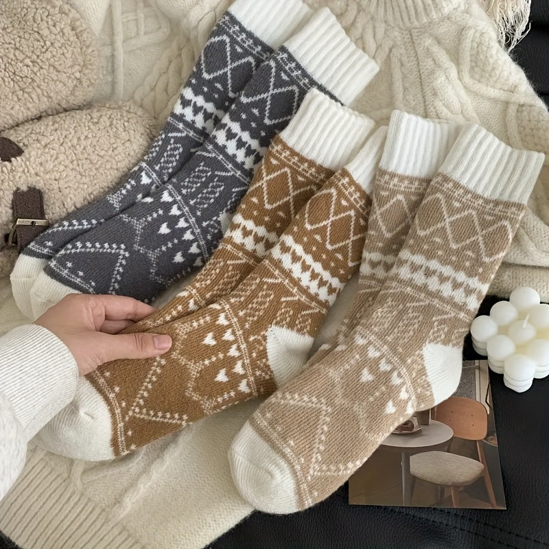 Women's Thermal Winter Socks 5-Pack Warm Fluffy Mid-Calf Cold Weather Socks – Ethnic Rhombus Pattern Cozy Soft Fabric for Outdoor Commuting Home Multi-Color