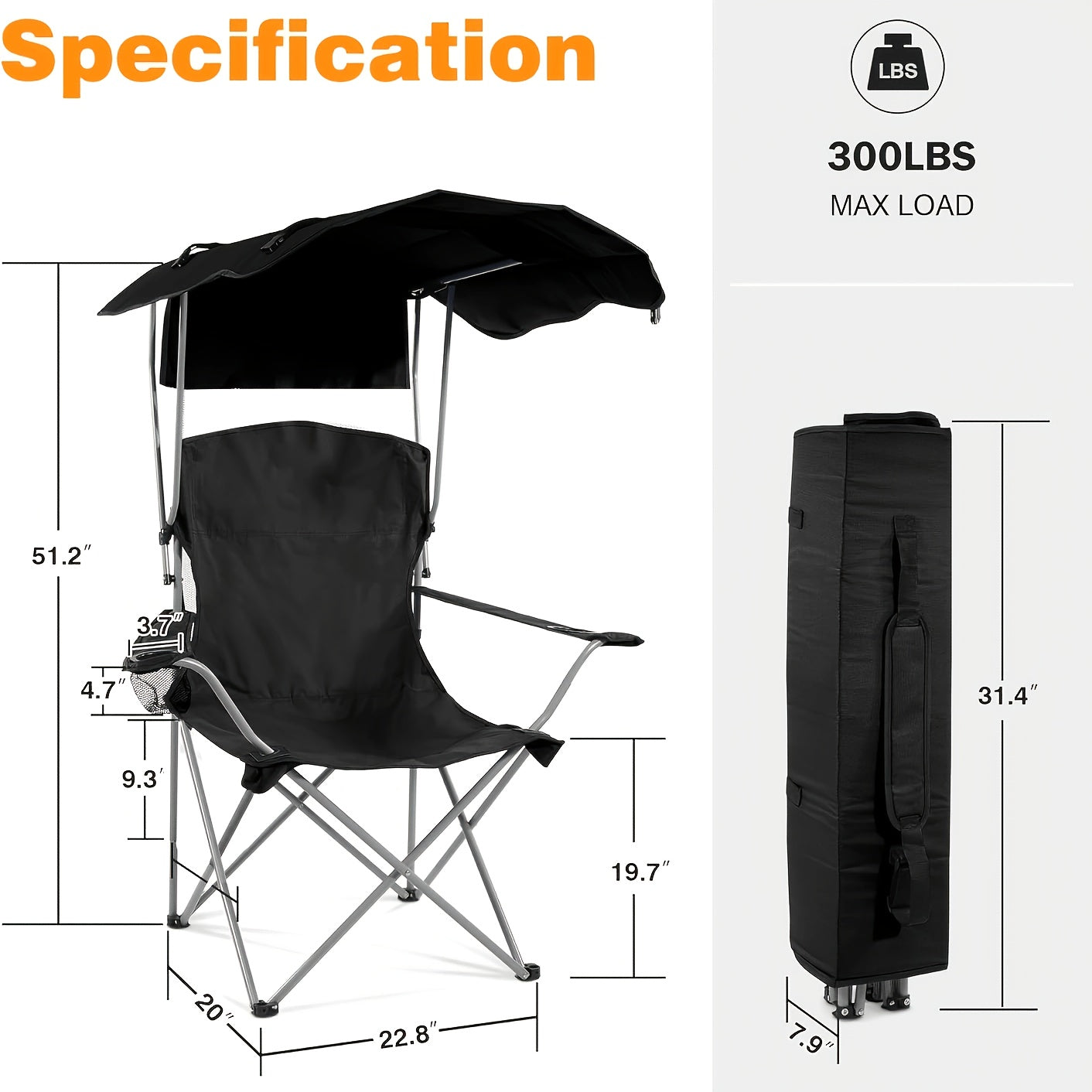 Foldable Camping Chair with Rotating Canopy & Cup Holder – 600D Oxford Cloth Outdoor Chair with Carry Bag for Beach, Picnic, Fishing, Sports Events & Backyard