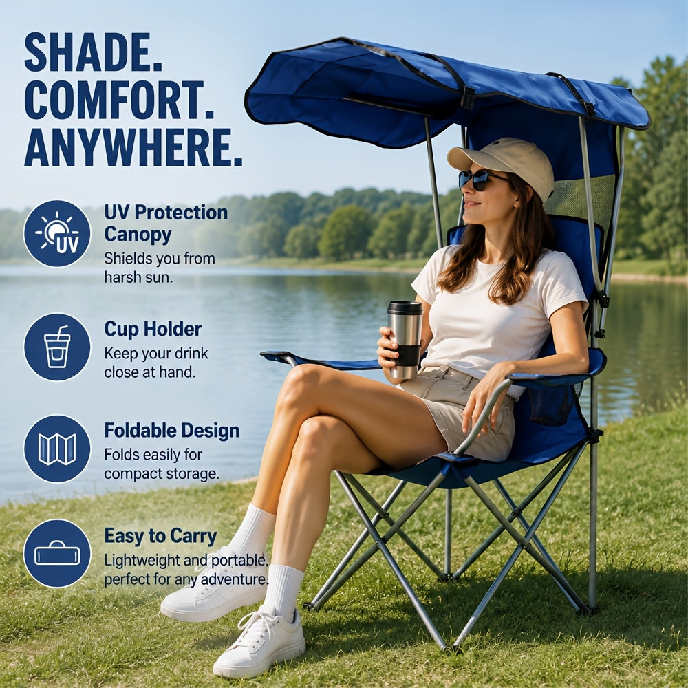 Foldable Camping Chair with Rotating Canopy & Cup Holder – 600D Oxford Cloth Outdoor Chair with Carry Bag for Beach, Picnic, Fishing, Sports Events & Backyard