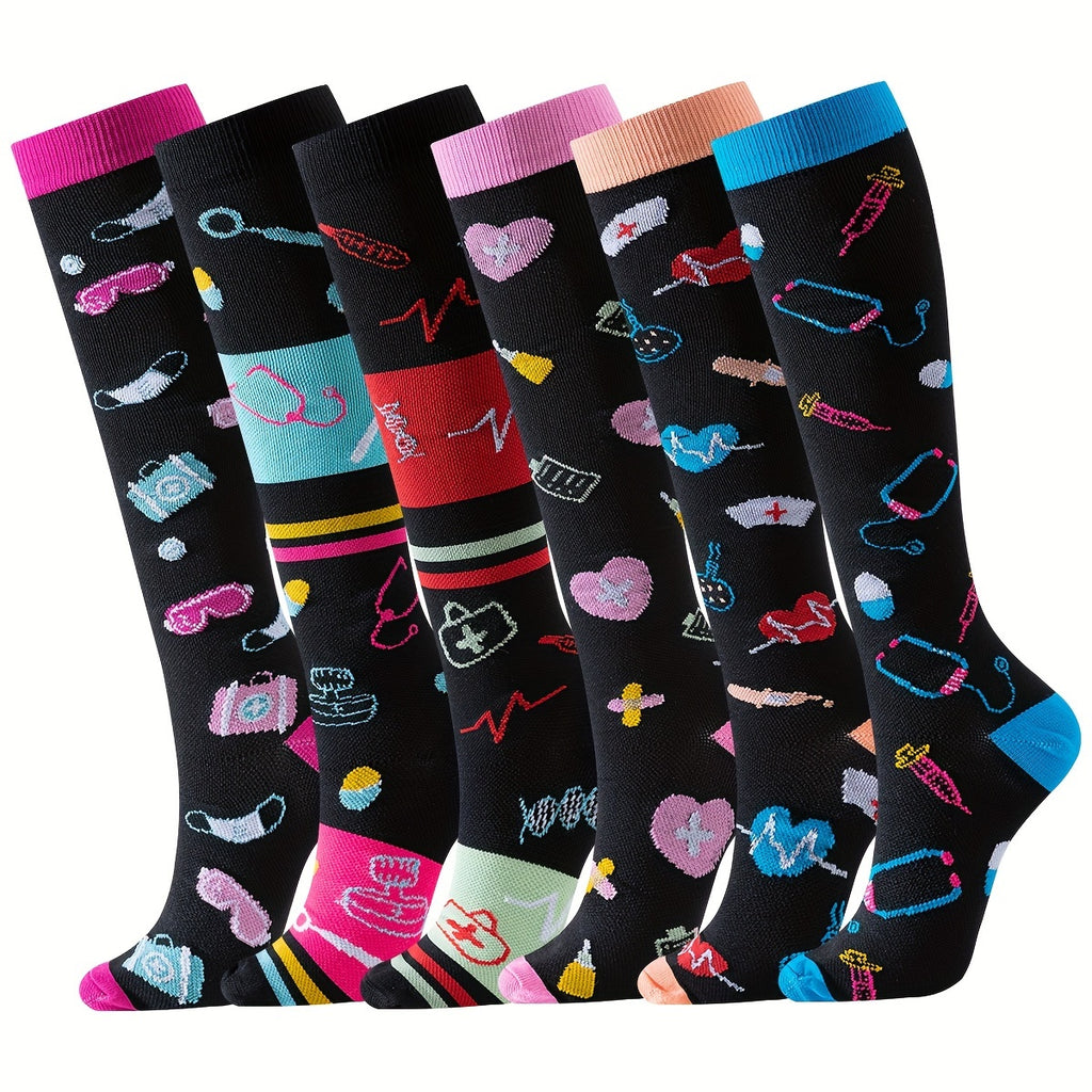 6 Pairs Knee High Compression Socks Unisex Over the Knee Athletic Stockings 65% Nylon Fun Cartoon Pattern for Running Gym Sports Women Men Sizes S/M L/XL