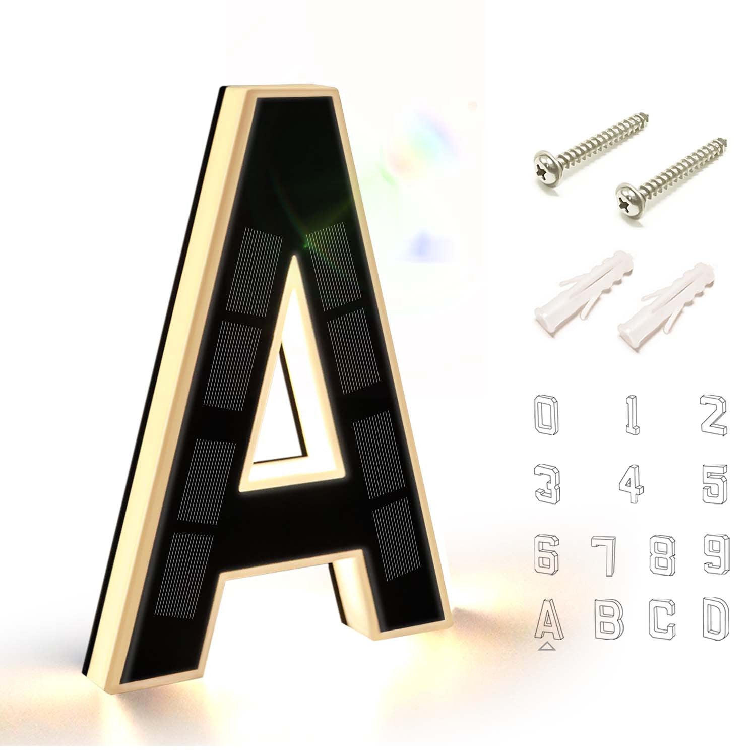 9 Inch Solar Lighted House Numbers for Outside - IP44 Waterproof, Auto Light Sensor, 9hr Illumination, Modern Exterior Address Sign, Numbers 0-9 & Letters A-D
