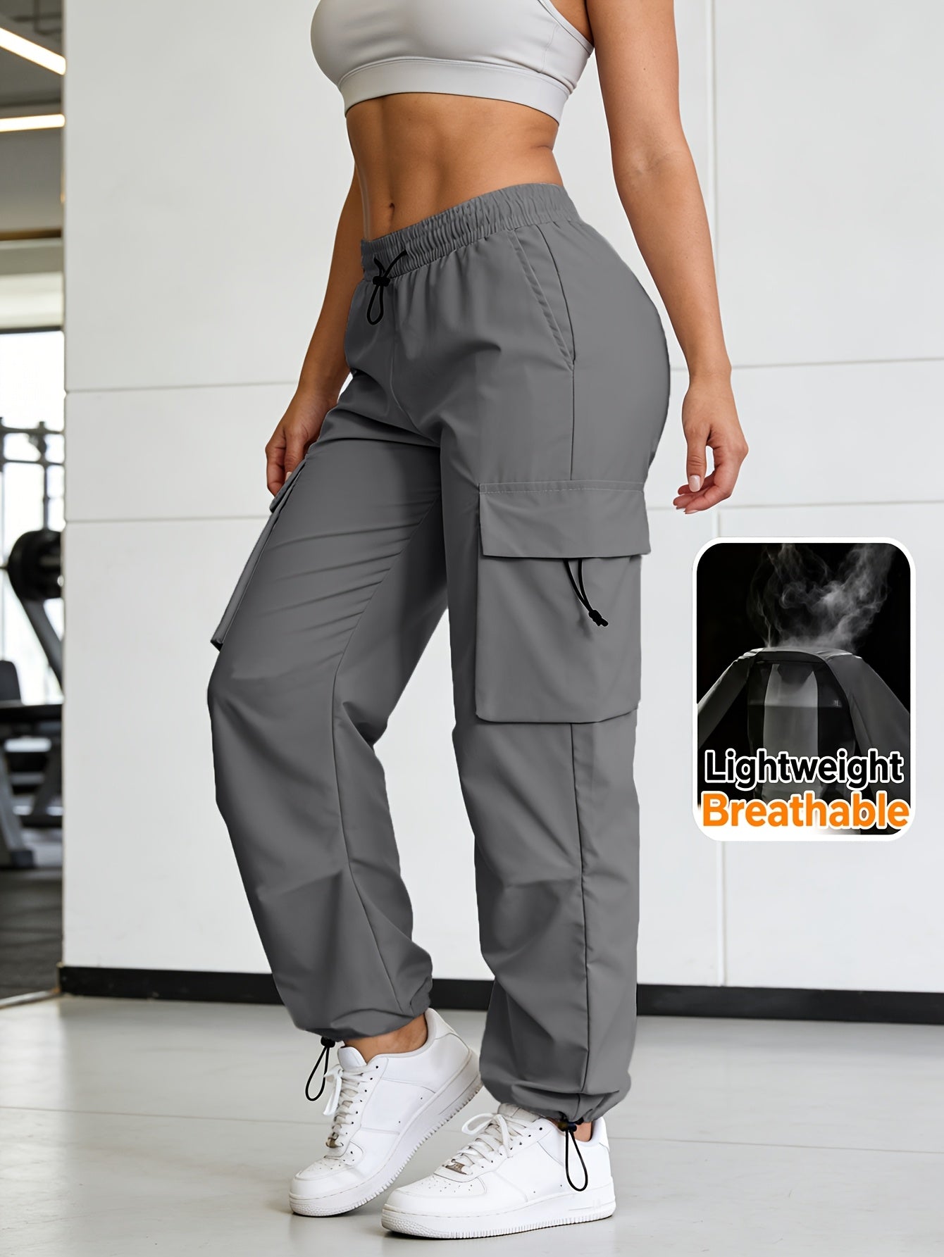 Women's Wide Leg Cargo Pants Elastic Waist Drawstring Multiple Pockets Loose Comfy Casual Trousers for Street Style Hiking Jogging Daily Wear All Season Beige Black Dark Gray Khaki XS-XXL